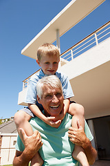 Image showing Child, happy and on senior man shoulder outdoor for playing, bonding or family game. Grandpa, smiling and boy cheerful for summer time together retirement, holiday or relationship development