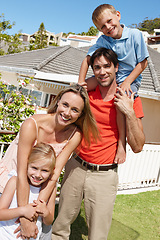 Image showing Portrait, young family or house as real estate property as care, support or love of bonding together. Papa, mama or happy to carry, children or aspiration to become new homeowner of holiday home