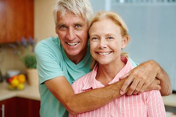 Image showing Portrait, senior couple and hug in house with happiness, retirement and pensioner at home. Mature man, woman and smile in indoor in relationship, together and married as family, connection and love