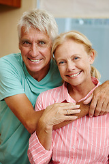 Image showing Portrait, senior and couple in house with smile, retirement and pensioner at home. Mature man, woman and happiness in indoor in relationship, together and married as family, connection and love