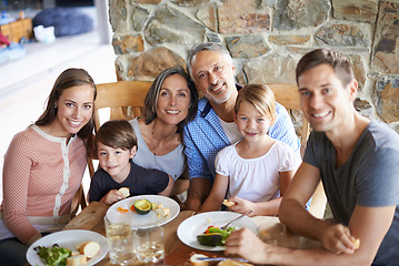 Image showing Family, healthy and lunch portrait or food for eating, wellness snack with generations or grandparents together. Happy, home and nutrition or vitamins in meal for child, vegetable or beverages