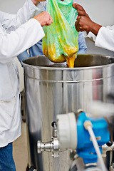 Image showing Hands, brewery equipment and craft beer in factory with teamwork at small business with production process. People, warehouse and manufacturing with container, tools and bag with alcohol in workshop