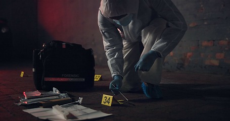 Image showing Forensic, csi and swab for dna at crime scene for medical investigation, research analysis and evidence inspection. Science, expert in hazmat and case investigator with observation or search at night