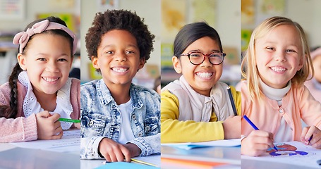 Image showing Kids, collage and portrait with diversity at school for work in education, students and child development. Pupils, notebook and composition for learning or lesson in literacy, writing for happiness