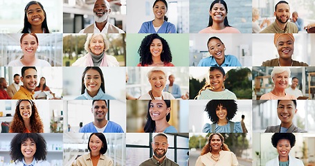 Image showing People, diversity and collage with smile, happiness and laugh in city, unity and society. Montage, portrait faces and proud world community members with different backgrounds, multiracial and culture