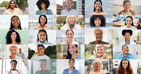 Image showing Diversity women and girls with happiness on collage, smiling and faces in international group. Montage, different age and ethnicity for inclusion, global and collaboration in various occupations.