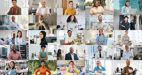 Image showing People, collage and diversity with face, smile or career for men, women or children for work, learning or fitness. Professional employees, school kids and students for arms crossed, tech or portrait