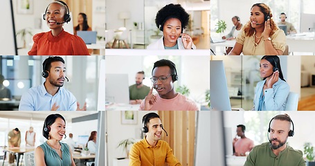 Image showing Call center, collage and people in office for customer service, consulting and telemarketing company. Communication, diversity and men and woman talking for advice, help and CRM support on mosaic