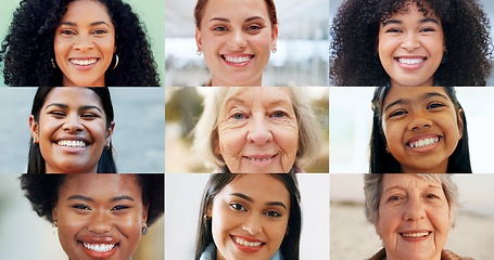 Image showing Woman, collage and portrait for diversity with smile for community, life insurance or older female. Group of people, composition or young child for connection or international in global or connected