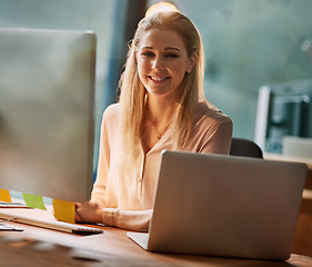 Image showing Office, portrait and woman at computer for research, development and article for online report. Smile, confidence and happy businesswoman at desk with technology, website or business growth analytics