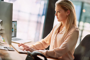 Image showing Office, typing and woman at computer for research, ideas and checking article for online report. Reading, thinking and businesswoman at desk with technology, website and database for growth analytics