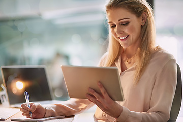 Image showing Office, writing and woman with notes, tablet and ideas for online report, small business plan and market research. Reading, thinking and businesswoman at desk with digital app, growth and development