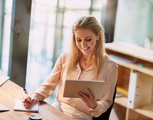 Image showing Office, thinking and woman with notebook, tablet and ideas for online report, small business plan and research. Reading, writing and businesswoman at desk with digital app, growth and development