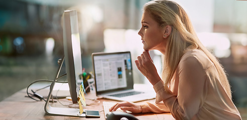 Image showing Office, thinking and woman at computer for research, ideas and checking article for online report. Reading, typing and businesswoman at desk with technology, website and database for growth analytics