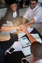 Image showing Teamwork, business people and hands together in office for corporate project, trust and motivation in boardroom. Group of employees, collaboration or tech for team building for support or mission