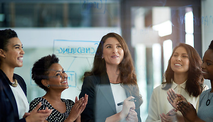 Image showing Business people, celebration and clapping hands in office for success, achievement and collaboration goal in corporate. Professional women, happy and victory in workplace for consultants as career