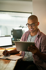 Image showing Man, smile and office with tablet for designer work or research for industrial design, innovation and software. Male person, digital technology and cad for systems or creative company and overtime.