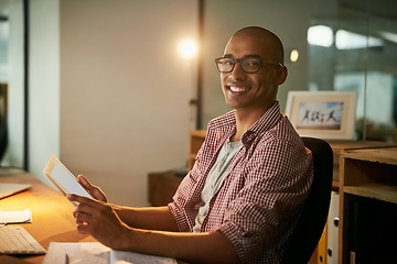 Image showing Man, portrait and office with tablet for designer agency or research for industrial design, innovation and software. Male person, digital tech and cad for systems or creative company and overtime.