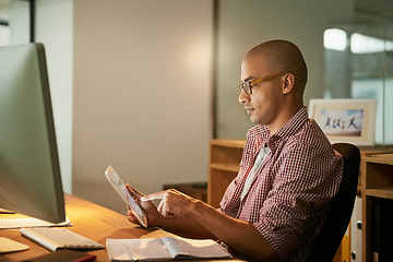 Image showing Man, work and office with tablet for designer agency or research for industrial design, innovation and software. Male person, digital technology and cad for systems or creative company and overtime.