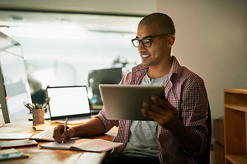 Image showing Man, smile and work with tablet for designer agency or research for industrial design, innovation and software. Male person, digital technology and cad for systems or creative company and overtime.