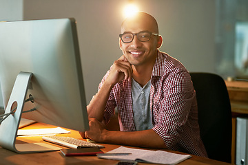 Image showing Man, portrait and office with computer for designer work or research for industrial design, innovation and prototypes. Male person, digital tech and cad for systems or creative company and overtime.