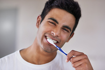 Image showing Happy, portrait and man with toothbrush in bathroom for dental hygiene, gum disease and oral care. Health, mouth and face of person brushing teeth for wellness, cleaning and fresh breath in home