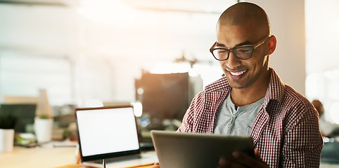 Image showing Man, happy and office with tablet for designer work or research for industrial design, innovation and prototypes. Male person, digital technology and cad for systems or creative company and overtime.