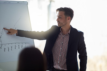 Image showing Business man, meeting and presentation on whiteboard for data analytics, statistics and financial growth. Professional leader, accountant or analyst with numbers graph for revenue, proposal or report