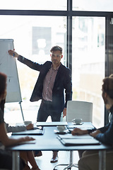 Image showing Professional man, presenter and presentation on whiteboard for proposal, statistics and financial growth in meeting. Business accountant or analyst and graph for revenue, profit or report on increase