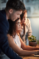 Image showing Business people, planning and collaboration on laptop for brainstorming, copywriting and editing online at night. Group of employees, women or writer and editor with teamwork or reading on a computer