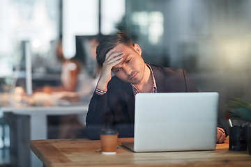 Image showing Business man, headache and stress on laptop for mistake, tired or fatigue of project deadline in office. Startup writer or editor with depression, doubt or thinking of copywriting ideas or overworked