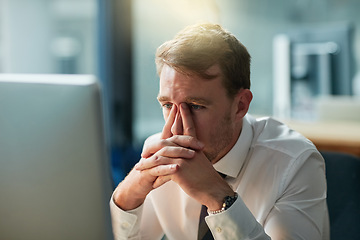 Image showing Business man, headache and stress on computer for mistake, overwhelmed or online error in an office. Worker or accountant with anxiety, doubt or thinking of bankruptcy news, report or job deadline