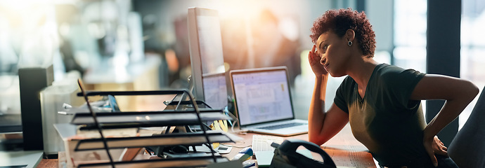 Image showing Business woman, stress and back pain on computer for human resources report, confused or fatigue in office. African worker with headache and overworked on desktop for payroll mistake on a banner