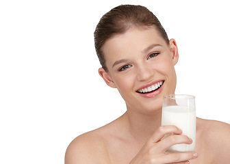 Image showing Portrait, woman and healthy diet by drinking milk in studio for calcium, nutrition and protein with detox benefits. Smile, female person and dairy product smoothie with natural vitamins for wellness