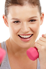 Image showing Portrait, smile and dumbbells with woman, fitness and exercise isolated on a white studio background. Face, person and athlete with equipment or training with motivation or stress relief with workout