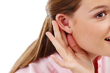 Image showing Woman, ear and listening to gossip, rumour and gesture as spy to hear serious whispers in secret. Curious, female person and palm trying to concentrate on interesting news or information in studio