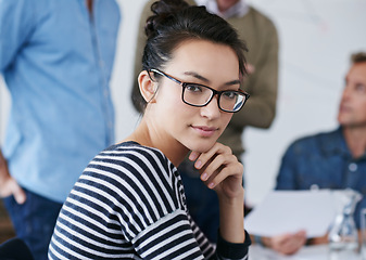 Image showing Asian, woman in portrait and meeting at startup, creative brainstorming with teamwork or workshop. Planning, vision and design project with collaboration at Japanese digital agency or media company