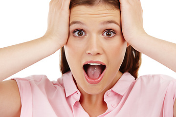 Image showing Shocked, face and portrait for surprise, omg and wtf for wow, comic or emoji facial expression on white background. Model or young person isolated for announcement, information or gossip news