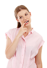 Image showing Woman, bite finger and thinking for doubt, worry and anxious facial expression on white background. Model or young person isolated and unsure or confused for problem, choice or uncertain crisis