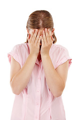 Image showing Woman, hands and anxiety in studio for depression with mental health, stress and crisis by white background. Upset, scared and unhappy female person for frustrated with fear, sad and negative feeling