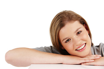 Image showing Woman, smile and portrait for comfort, break and happy for relax for weekend on white background. Model or young person and isolated in studio for unwind with free time and alone on mockup