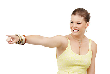 Image showing Woman, happy and pointing for choice in studio, option and selection on white background. Excited female person, direction and smile for opportunity or decision, gesture and mockup space for offer