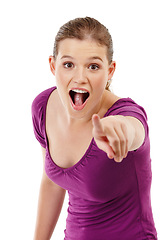 Image showing Woman, portrait and pointing for shock in studio, option and selection on white background. Happy female person, direction and surprise for opportunity or decision, gesture and promotion for offer