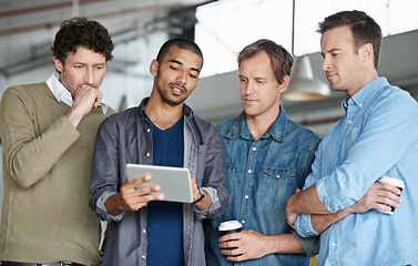 Image showing Creative man, meeting and group with tablet for collaboration, presentation or research at office. Team of employees listening to speaker or presenter on technology for startup together at workplace