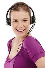 Image showing Woman, portrait and headset in studio for assistance, call centre representative and white background. Female person, technical support and hotline or helpdesk, customer service and communication