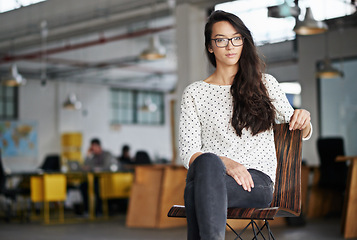 Image showing Woman, portrait and serious in office for creative career in concept development for designing agency or company. Female person, carefree and confident in workplace in Atlanta for employee internship