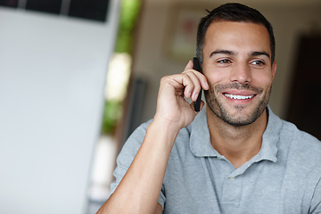 Image showing Man, phone call and freelancer talking in home, networking and app for communication. Male person, smile and conversation for career opportunity in lounge, remote work and planning with contact