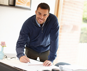 Image showing Man, portrait and architect with plan for design in office, documents and drawing on blueprint. Male person, drafting and engineer for building idea on paper, solution and pen for project at desk