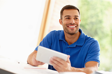 Image showing Tablet, work and man in home office for remote job, freelance or planning app for creative project. Smile, male person and entrepreneur with technology for networking, information or browsing website