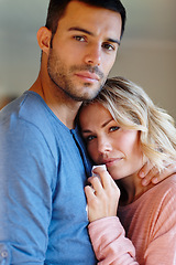 Image showing Couple, divorce and hug in portrait for love, relationship or memories together. Man, woman and sad embrace for breakup, compassion or care in home for supporting, commitment and trust issue